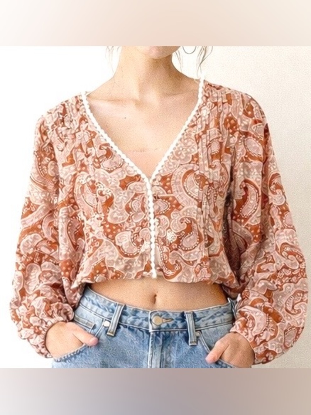 BILA 77 Boho Romantic Blouse Top Festival Western Prairie Paisley Womens Size XS